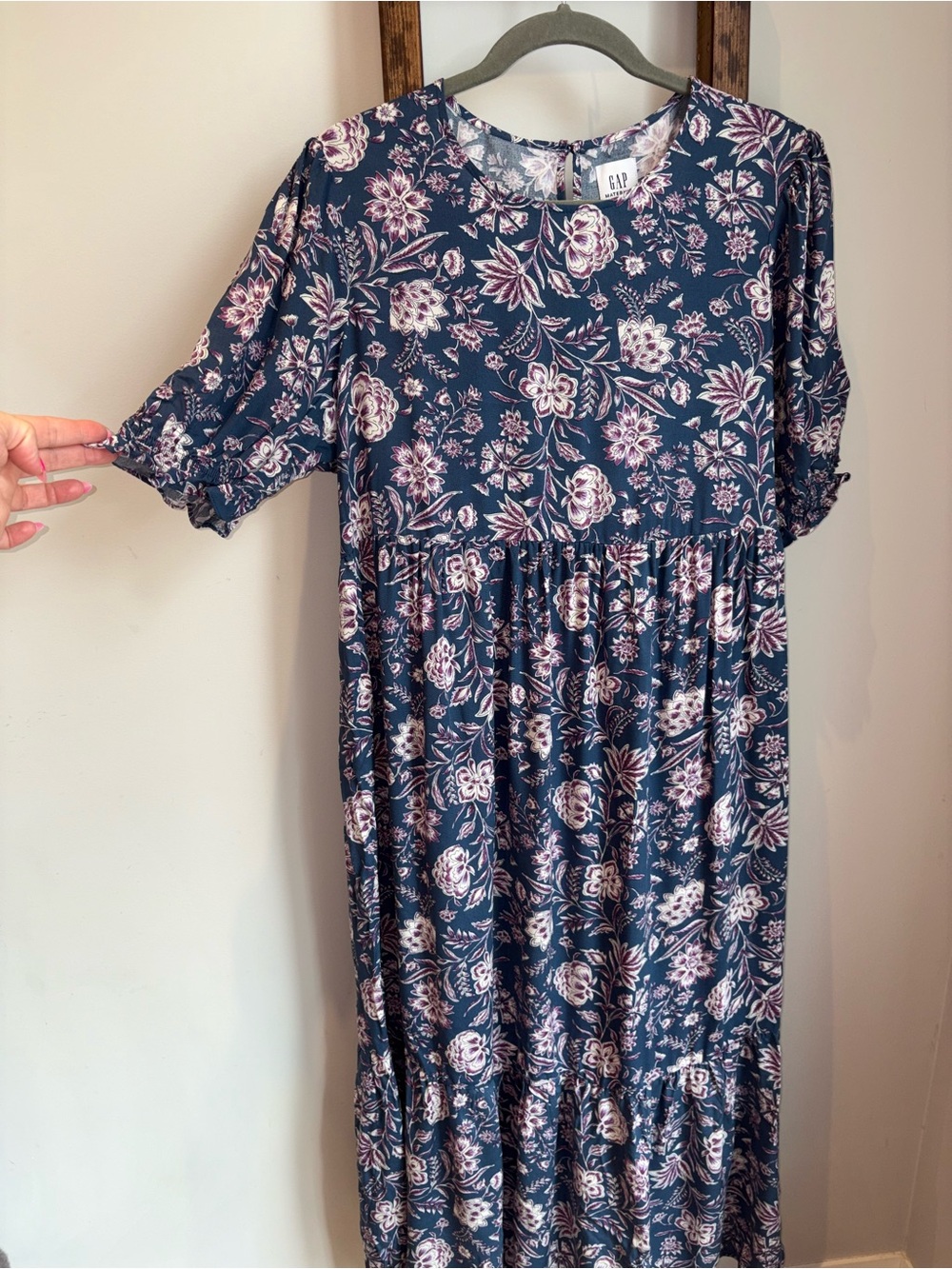 GAP Maternity Floral Tiered Midi Dress Size Large Blue Purple Viscose Prairie